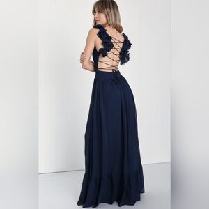 Lulus nwot Soiree Celebration Navy Blue Ruffled Lace-Up Maxi Dress.   Size small